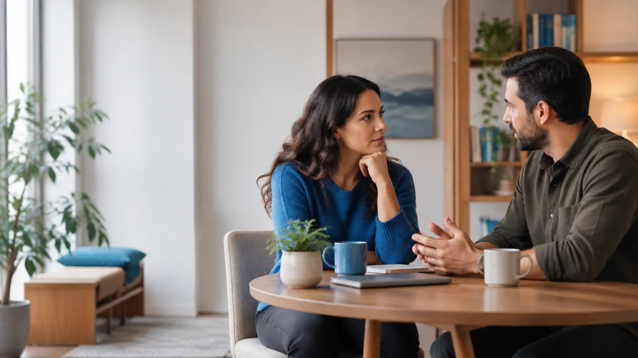 Duas pessoas conversando com atenção e respeito enquanto avaliam a reconstrução da confiança.