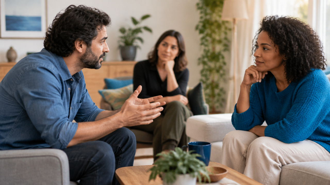 Duas pessoas conversando com atenção em uma sala, ilustrando como relações e contexto influenciam um conflito.