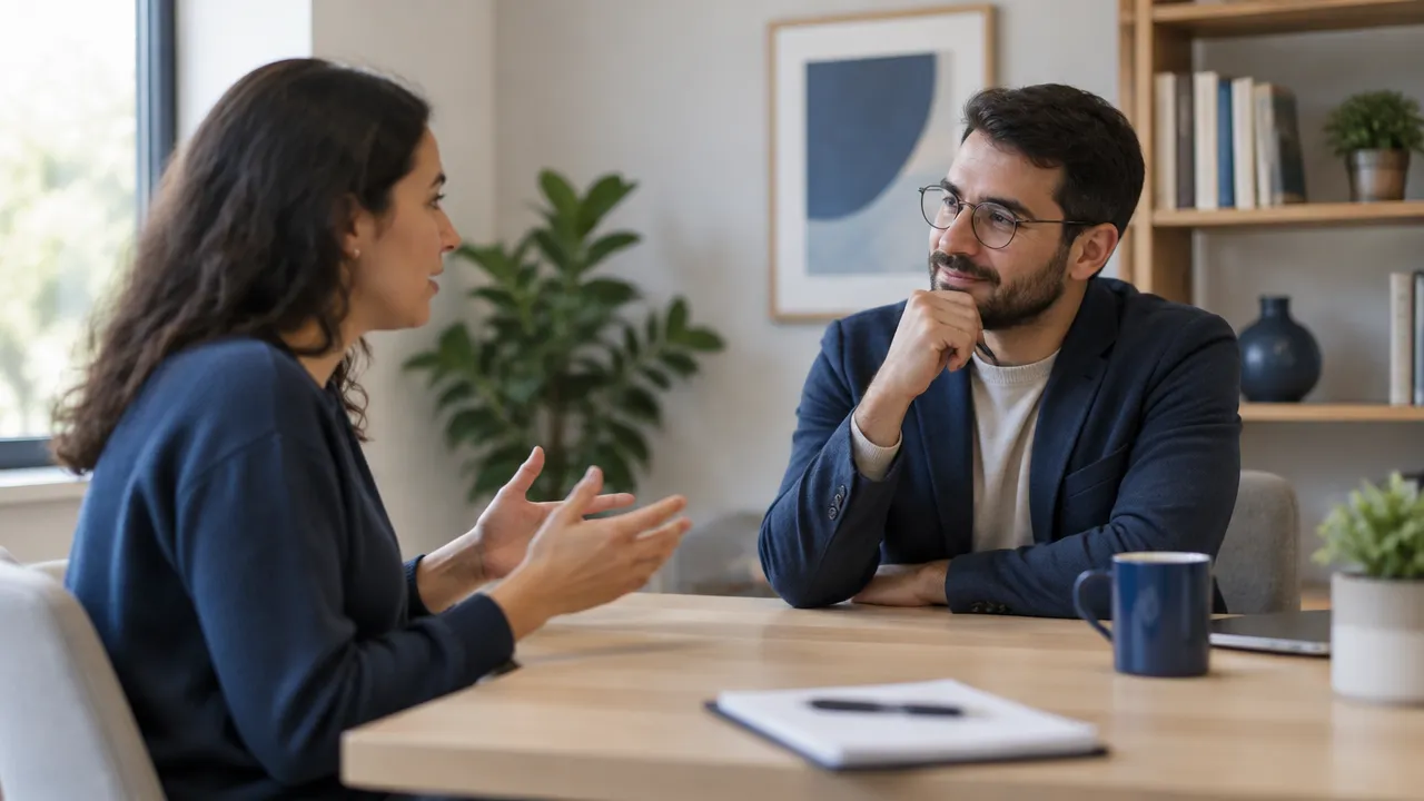 Duas pessoas conversando com atenção, ilustrando escuta, linguagem e observação de padrões.