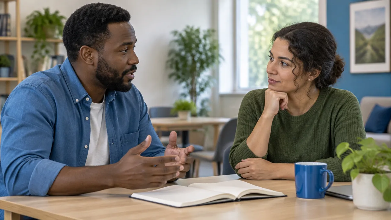 Duas pessoas conversando com atenção para avaliar juntas uma decisão difícil
