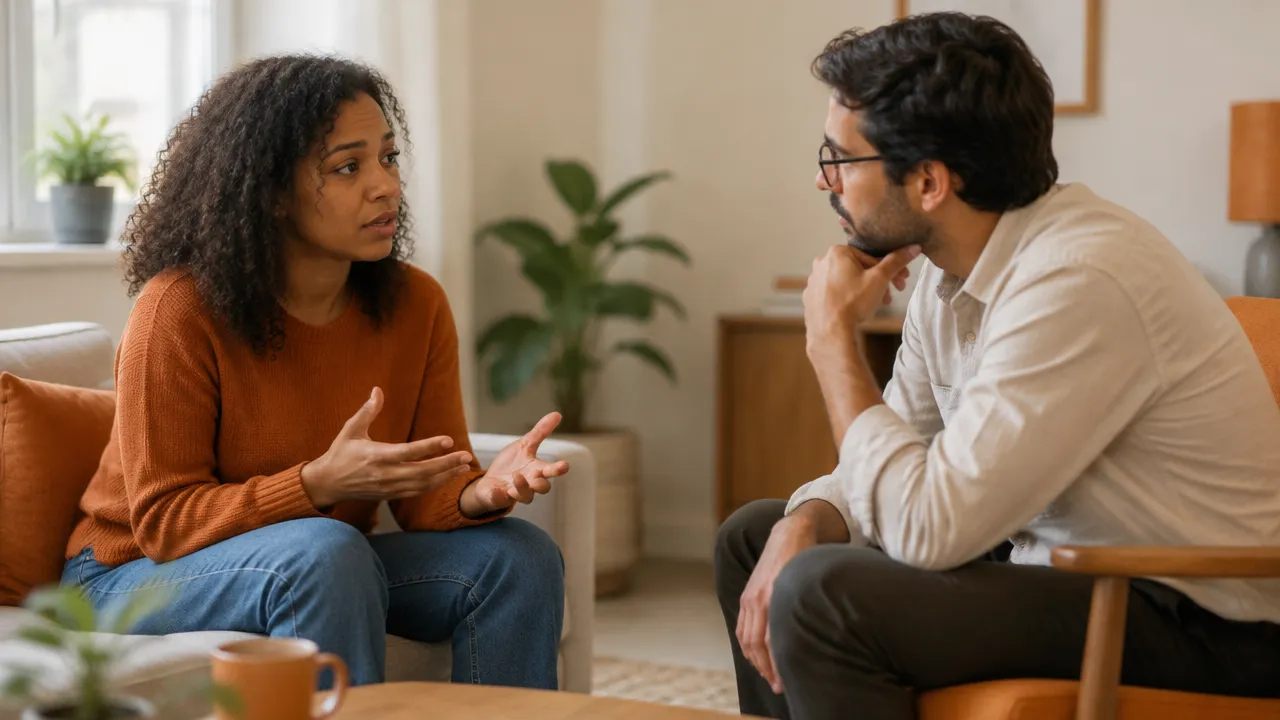 Duas pessoas conversando com escuta e empatia, mostrando que bem-estar também acolhe emoções difíceis