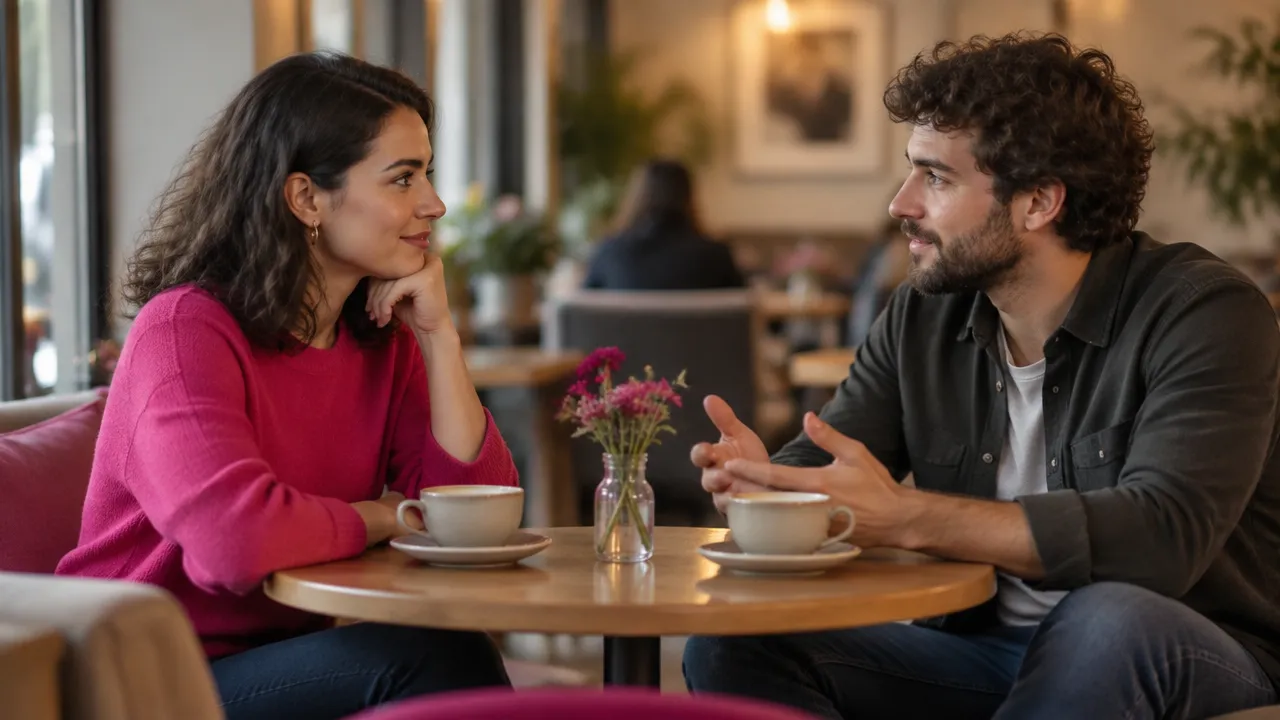 Duas pessoas conversando com respeito e espaço pessoal, representando um vínculo equilibrado
