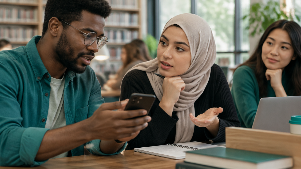 Duas pessoas de culturas diferentes analisam juntas uma publicação no celular antes de compartilhá-la.