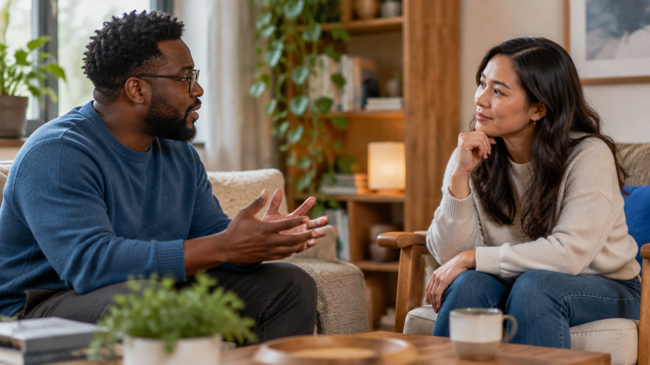 Duas pessoas de diferentes culturas conversam com calma para esclarecer um mal-entendido