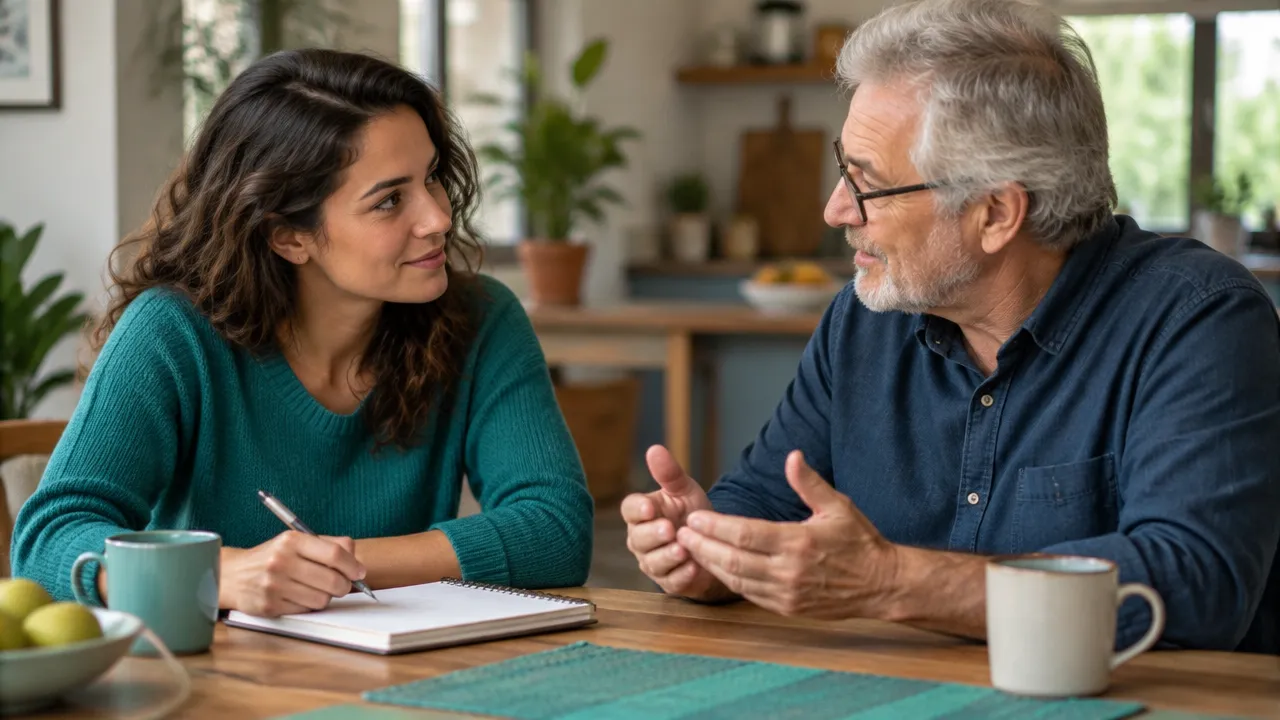 Duas pessoas de gerações diferentes conversam e escutam uma à outra à mesa