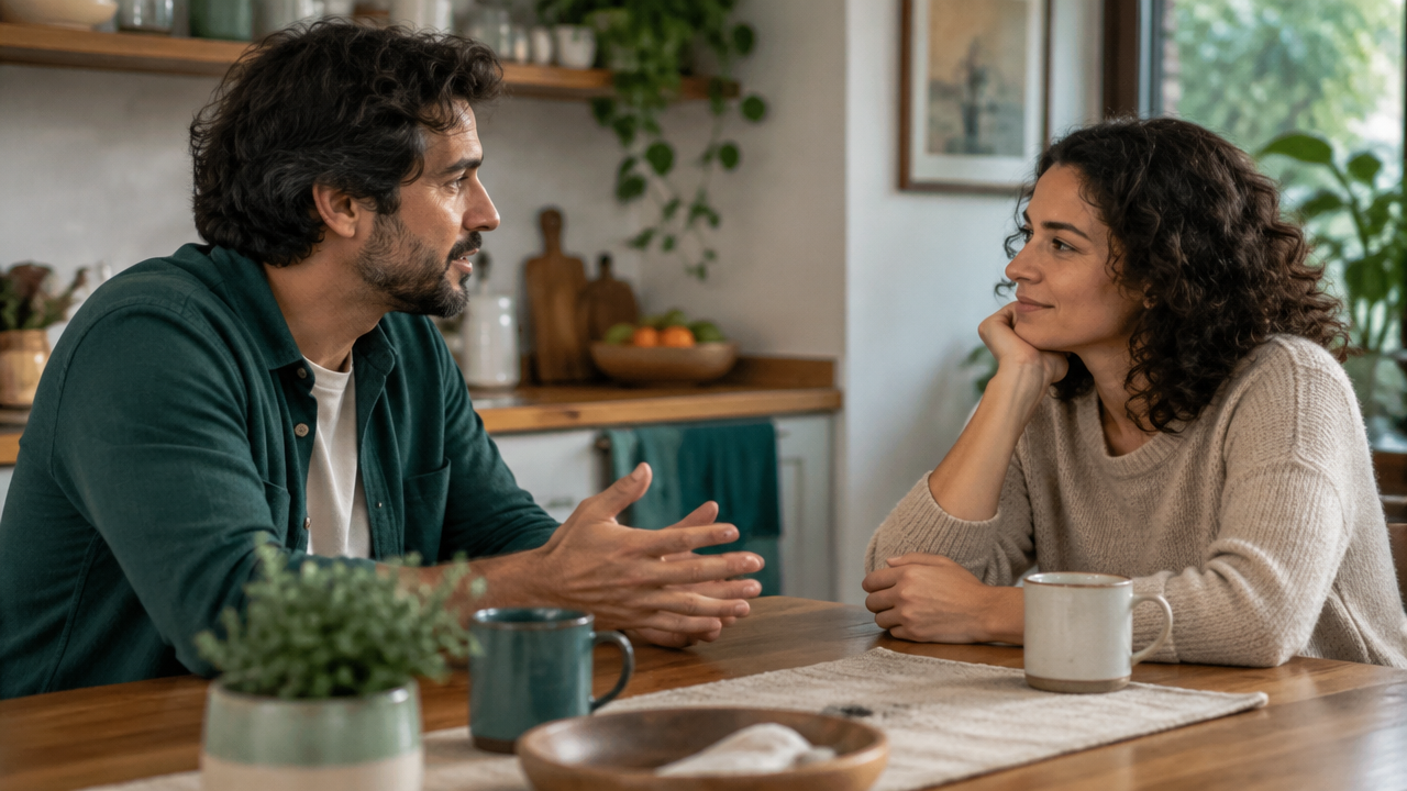Duas pessoas em casa conversam abertamente sobre necessidades e acordos na relação