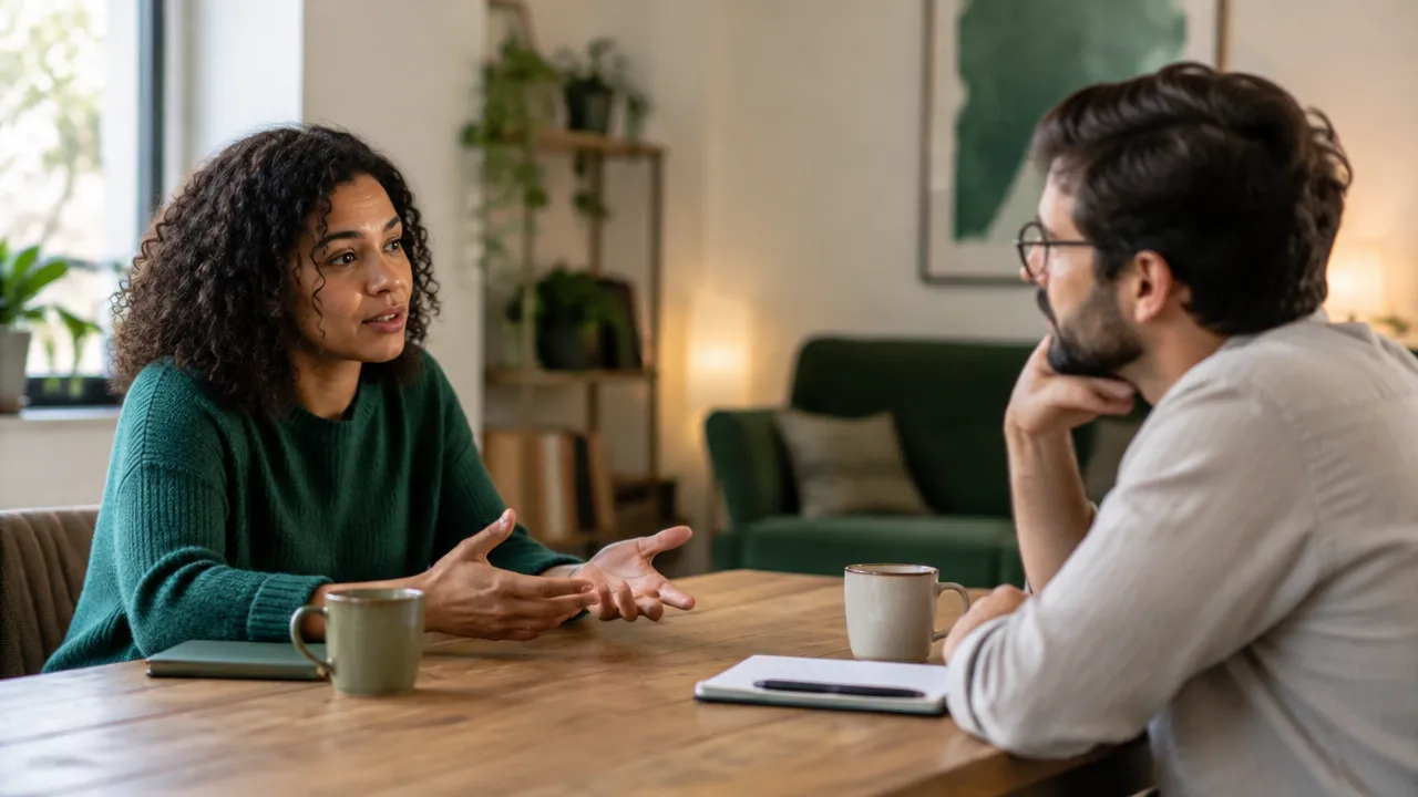 Duas pessoas em conversa atenta, representando a influência das relações de poder na reconciliação emocional
