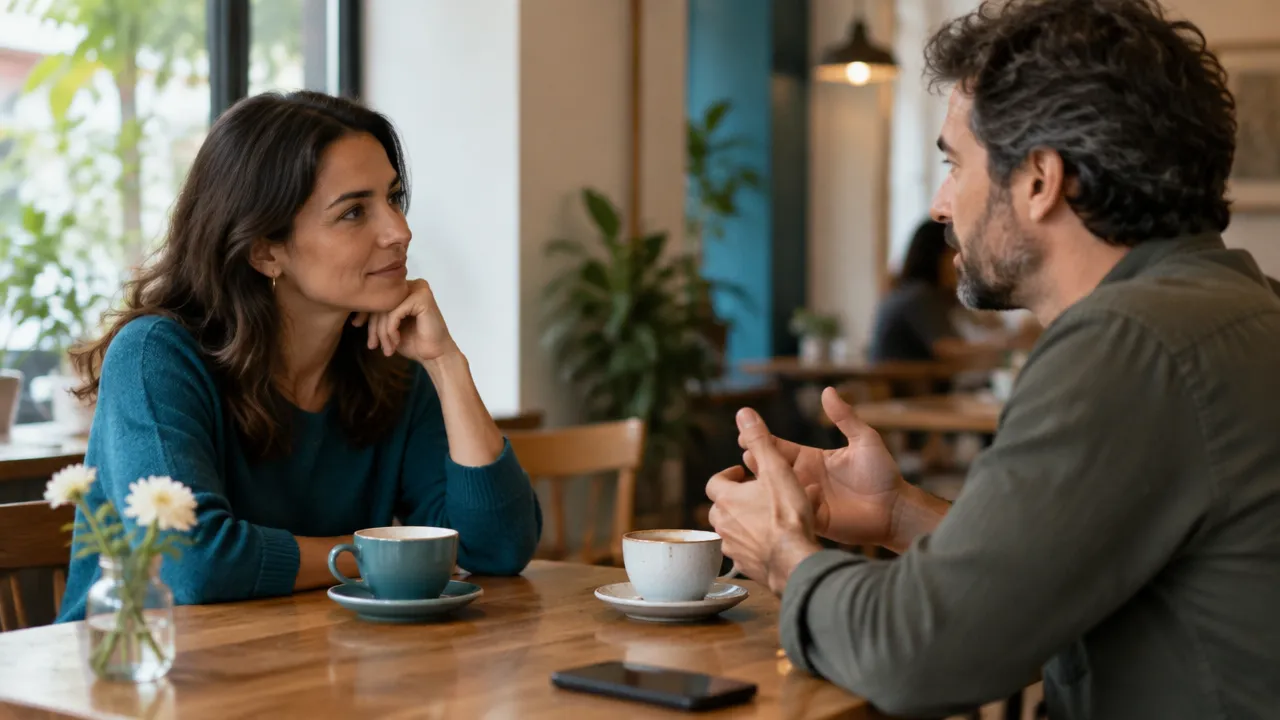 Duas pessoas em conversa respeitosa, com escuta atenta e pausa antes de reagir