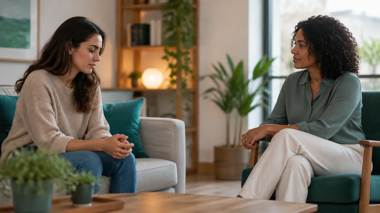 Duas pessoas em uma conversa cuidadosa, com uma delas hesitando em expressar o que sente.