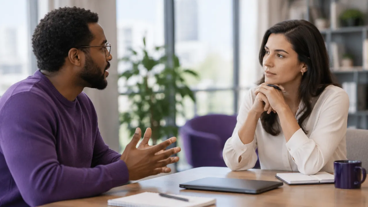 Duas pessoas em uma conversa de trabalho, com uma delas fazendo uma pausa para escutar e responder com atenção