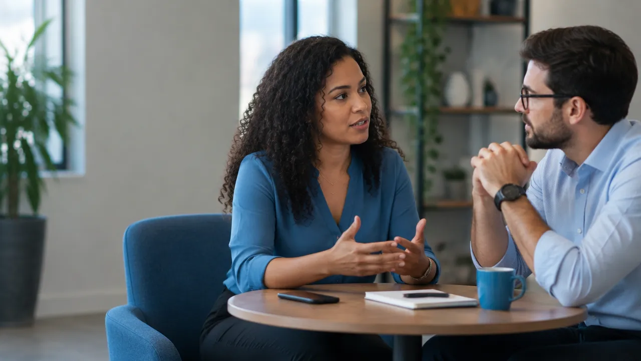 Duas pessoas em uma conversa difícil praticam escuta atenta e comunicação emocionalmente consciente