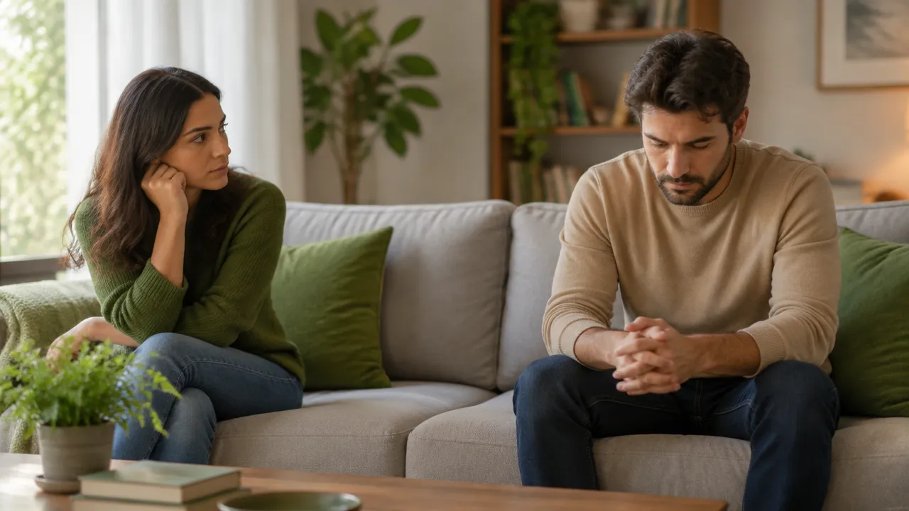Duas pessoas em uma pausa silenciosa durante uma conversa, com distância emocional perceptível
