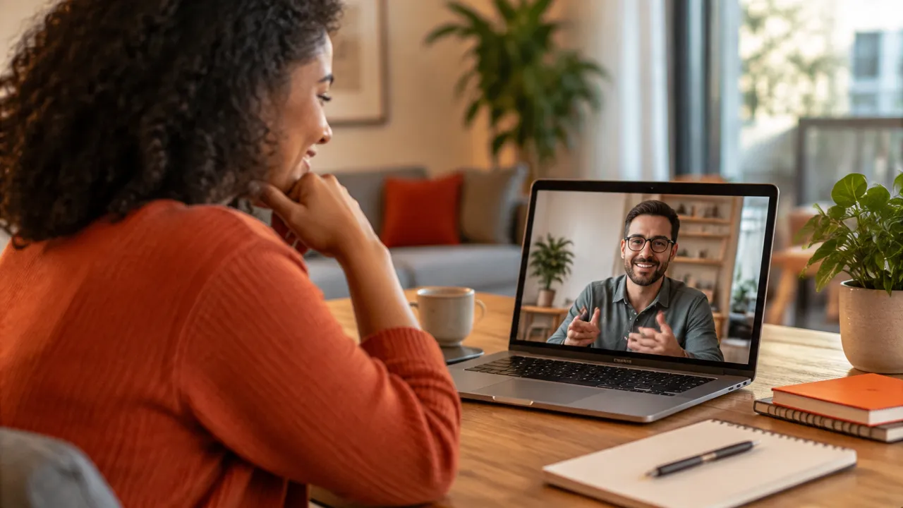 Duas pessoas em uma videochamada com atenção e presença, representando vínculos humanos em ambientes digitais.