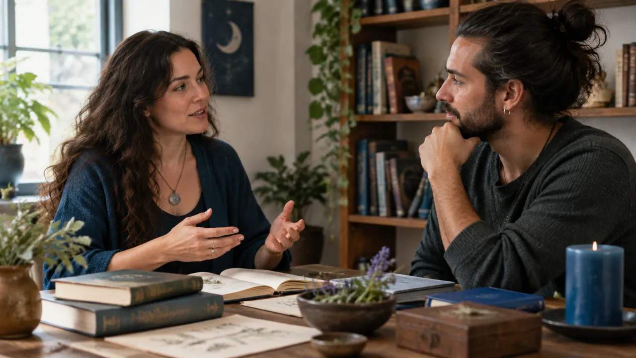 Duas pessoas estudando e conversando sobre tradições wiccanas em ambiente tranquilo
