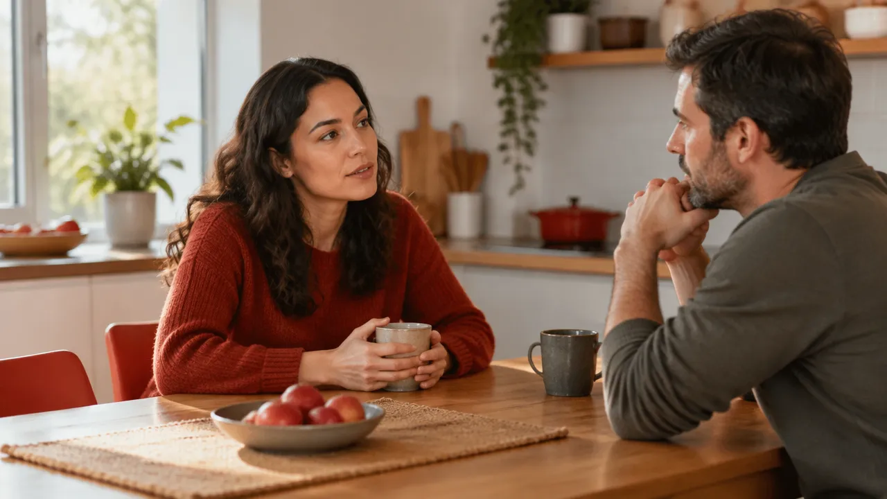 Duas pessoas fazem uma pausa e se escutam com calma durante uma conversa difícil.
