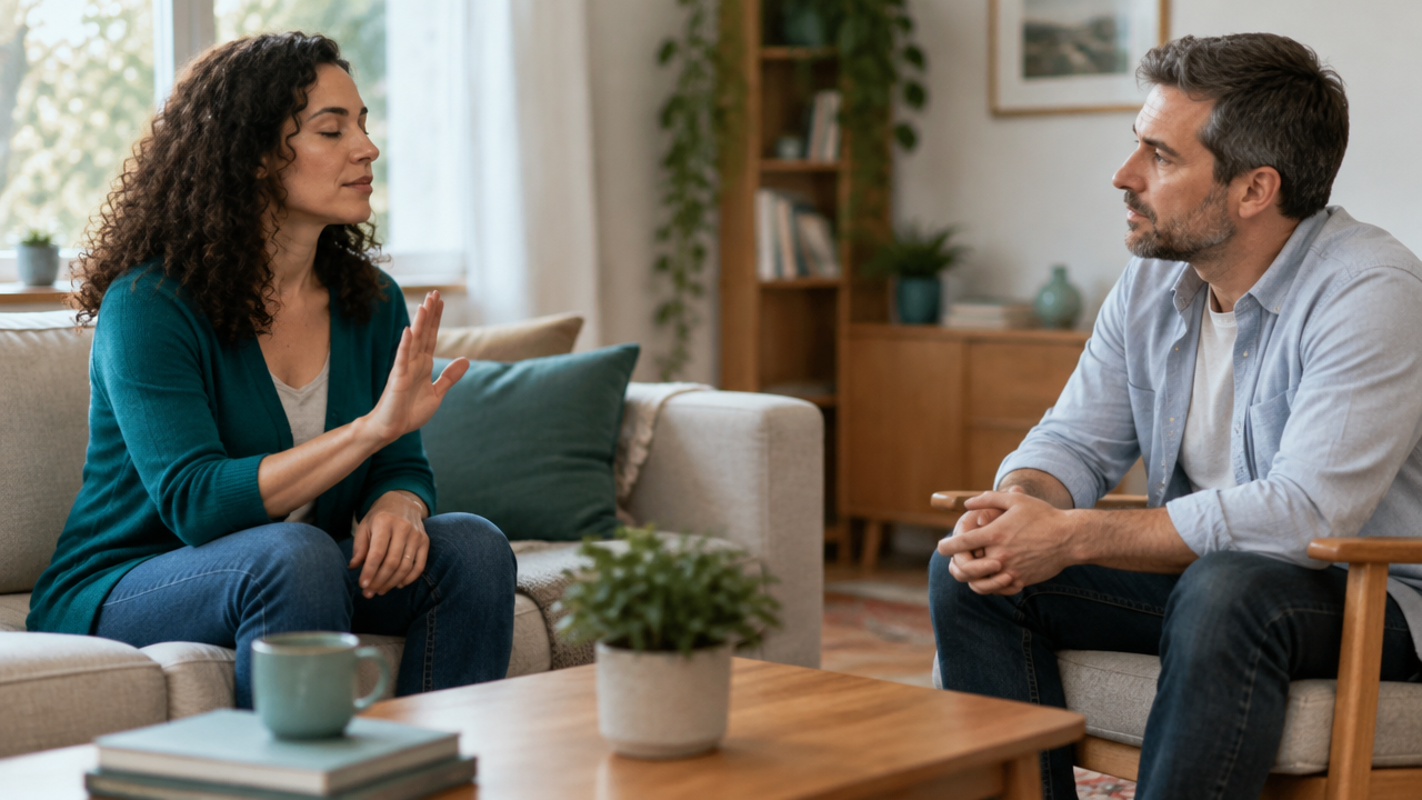 Duas pessoas fazem uma pausa respeitosa durante uma conversa difícil e combinam retomá-la
