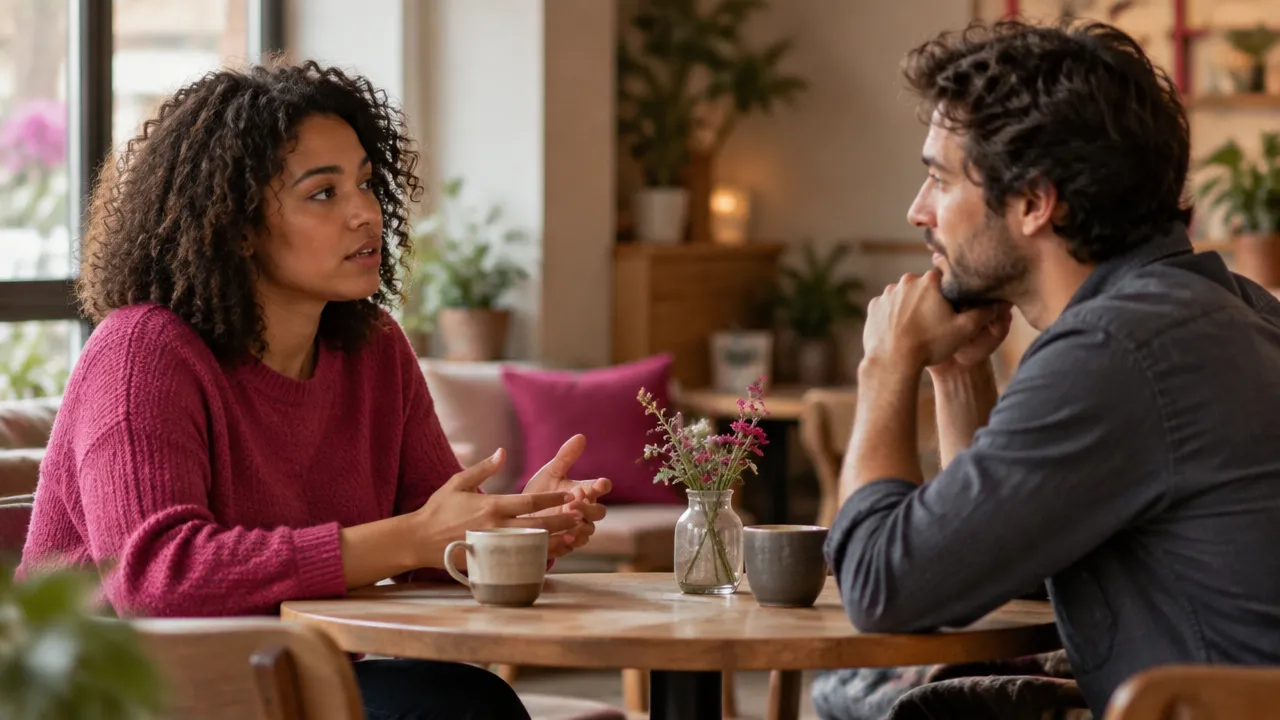 Duas pessoas mantêm uma conversa pessoal com escuta atenta e espaço respeitoso entre elas