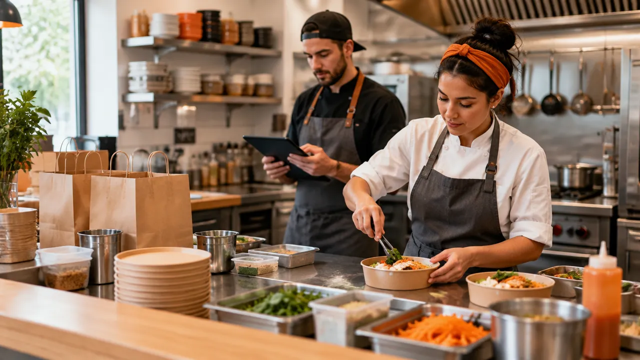 Duas pessoas organizam pedidos em uma cozinha profissional compacta para operar delivery com equipe reduzida