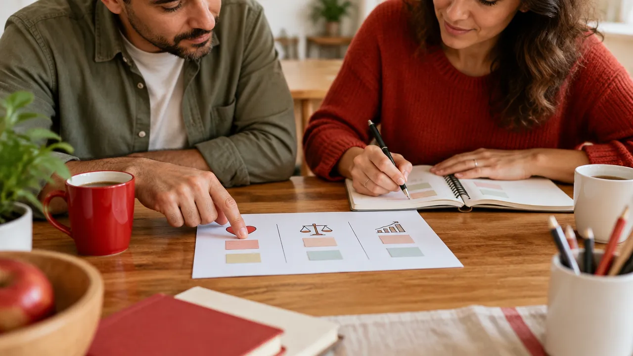 Duas pessoas organizam prioridades e consequências de uma decisão familiar em um caderno