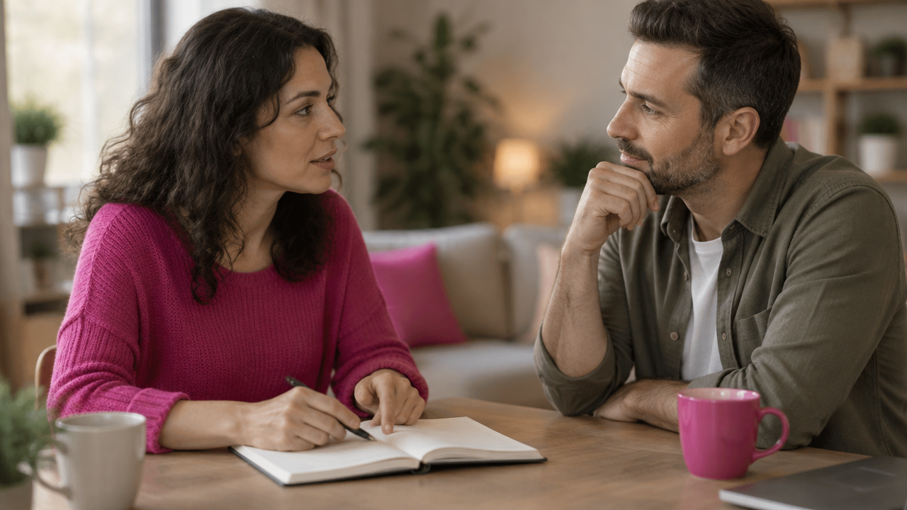 Duas pessoas organizam uma conversa difícil com escuta atenta e anotações para transformar sentimentos em um pedido concreto.