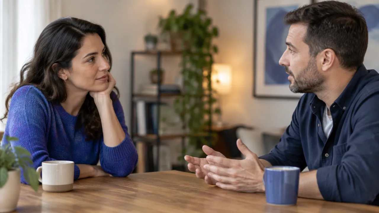 Duas pessoas praticam escuta atenta numa conversa delicada sobre valores.