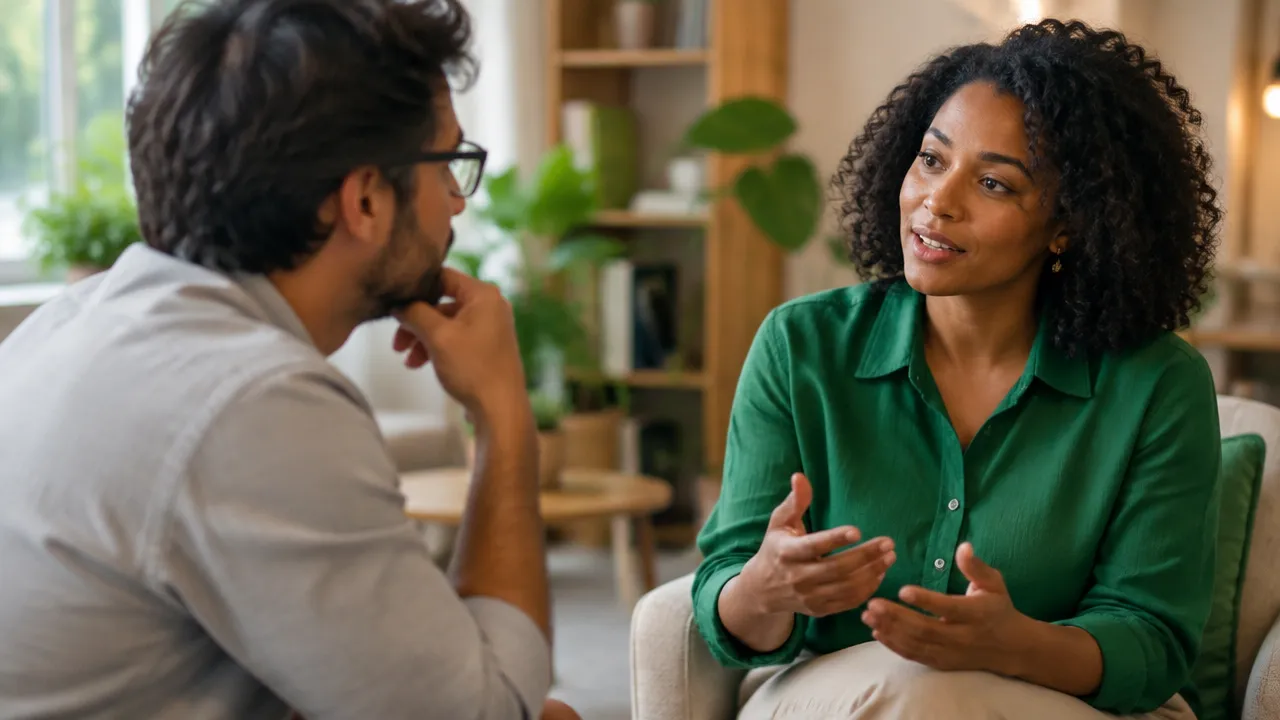 Duas pessoas praticam escuta ativa durante uma conversa calma em ambiente profissional.