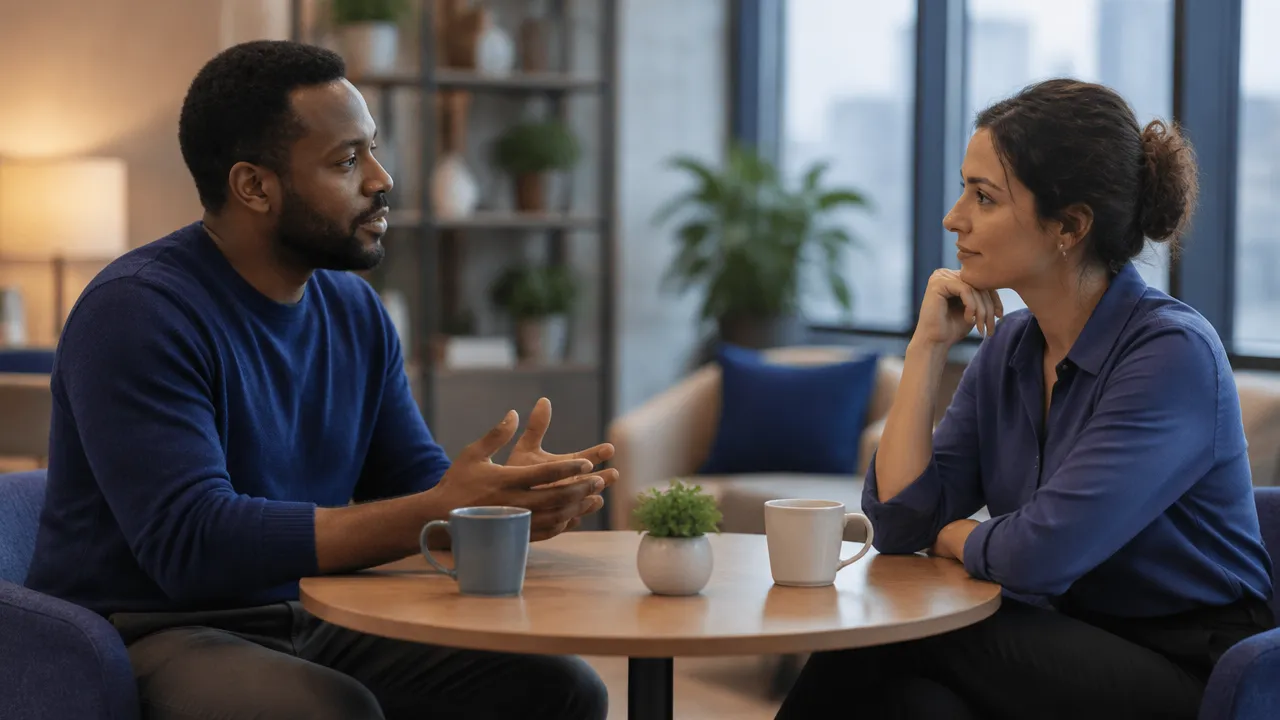 Duas pessoas praticam uma conversa respeitosa, com escuta atenta e expressão serena durante um diálogo difícil.