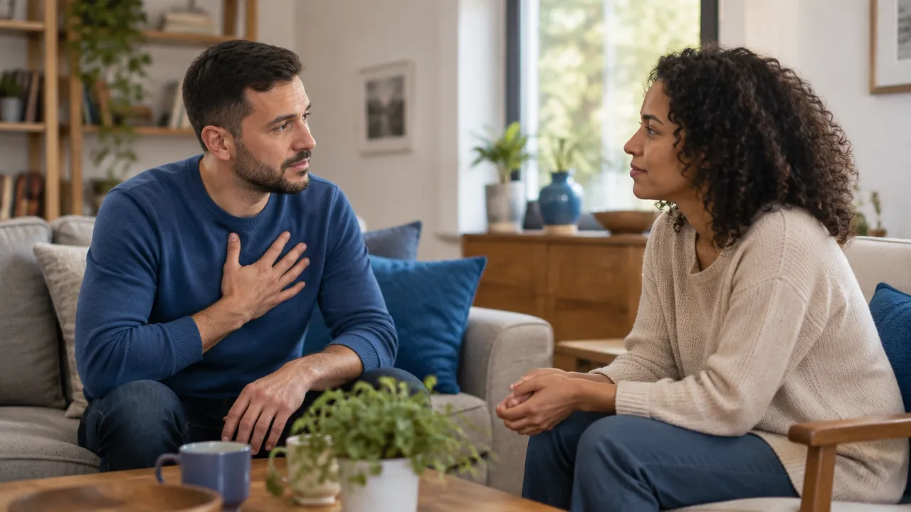 Duas pessoas retomam com calma uma conversa após um desacordo, com escuta e postura aberta.