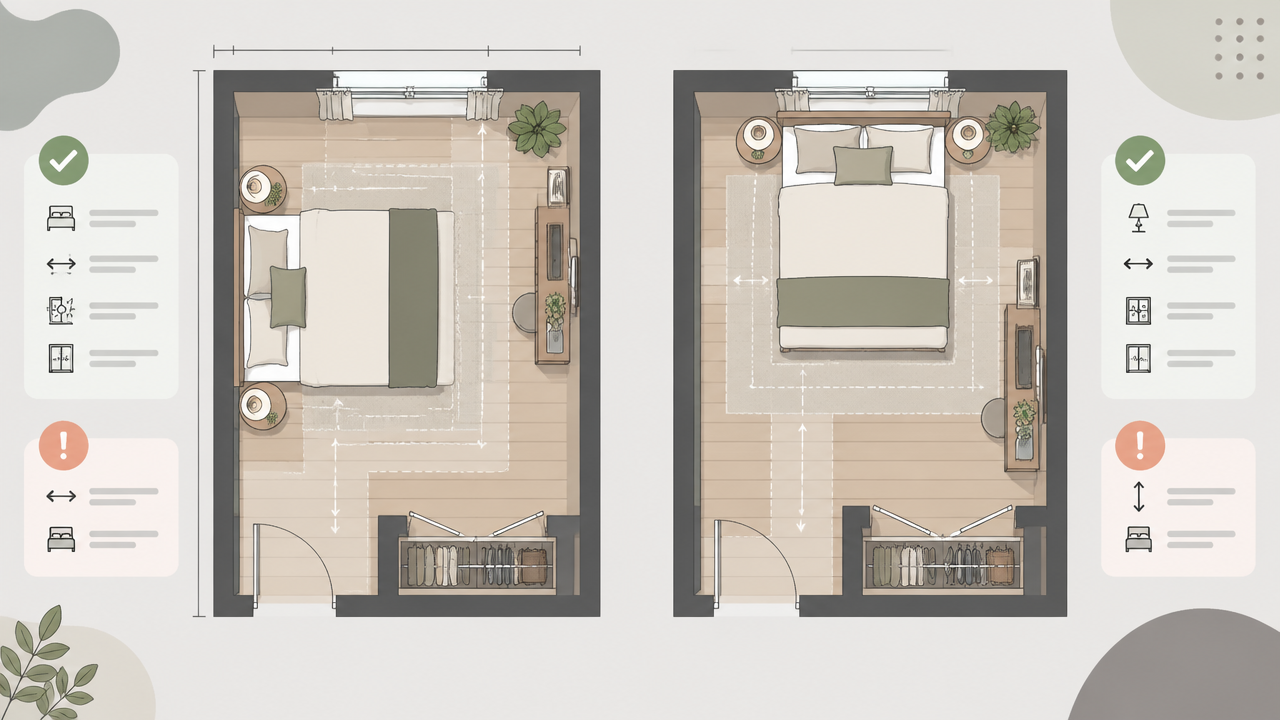 Duas plantas simples comparando posições da cama e áreas de circulação no quarto