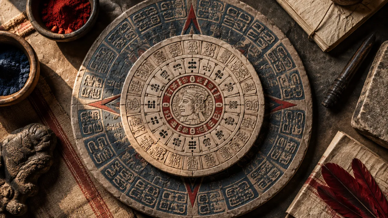 Duas rodas calendáricas inspiradas nos ciclos maias, representando Tzolk'in e Haab