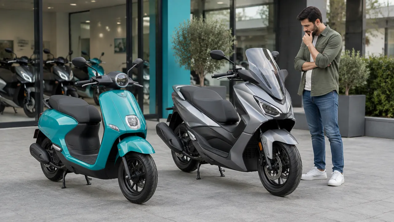Duas scooters genéricas de portes diferentes lado a lado, enquanto uma pessoa compara ergonomia e espaço de armazenamento.