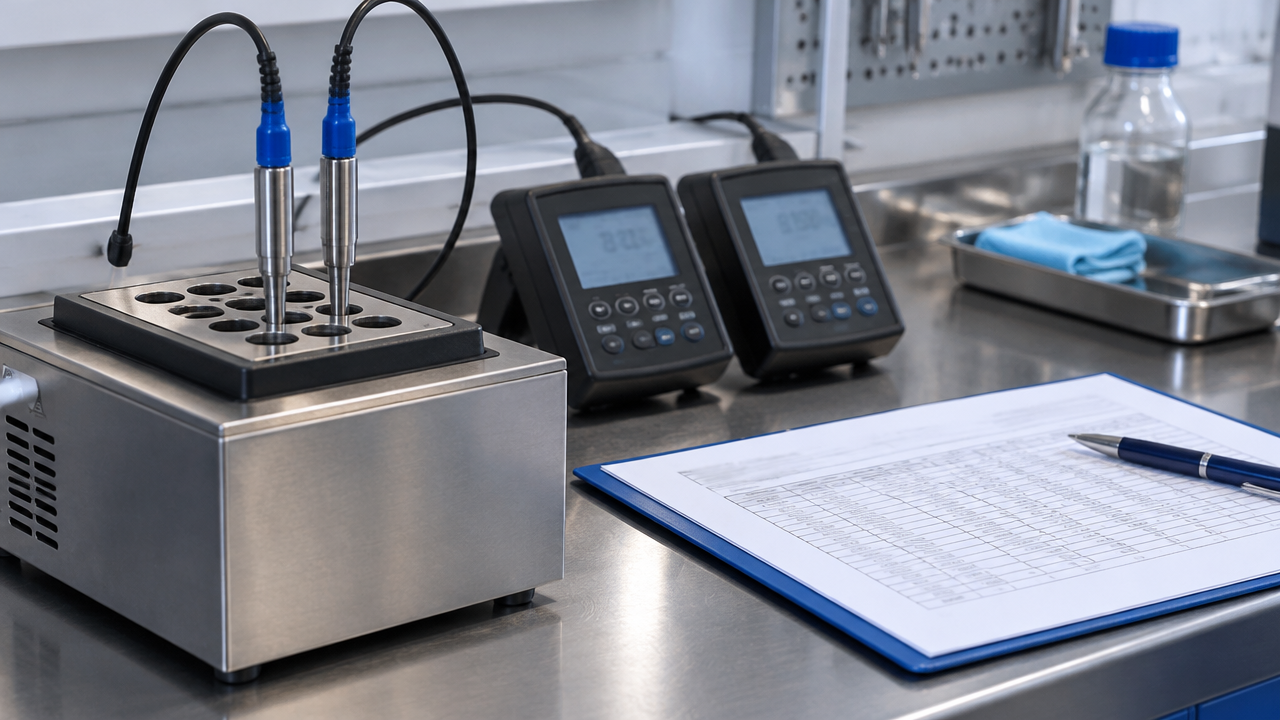 Duas sondas de temperatura comparadas com um padrão em bancada, ao lado de um certificado de calibração