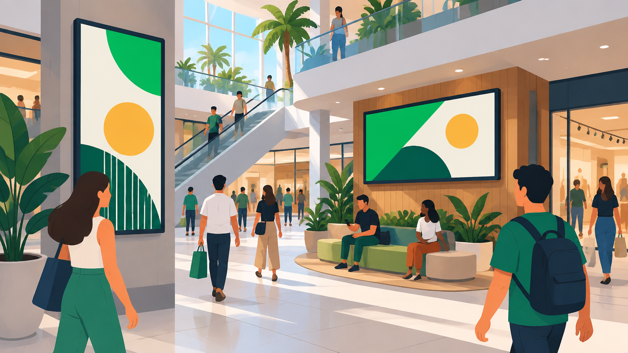 Duas telas digitais integradas a um empreendimento comercial mostram como o local e o fluxo influenciam a publicidade.