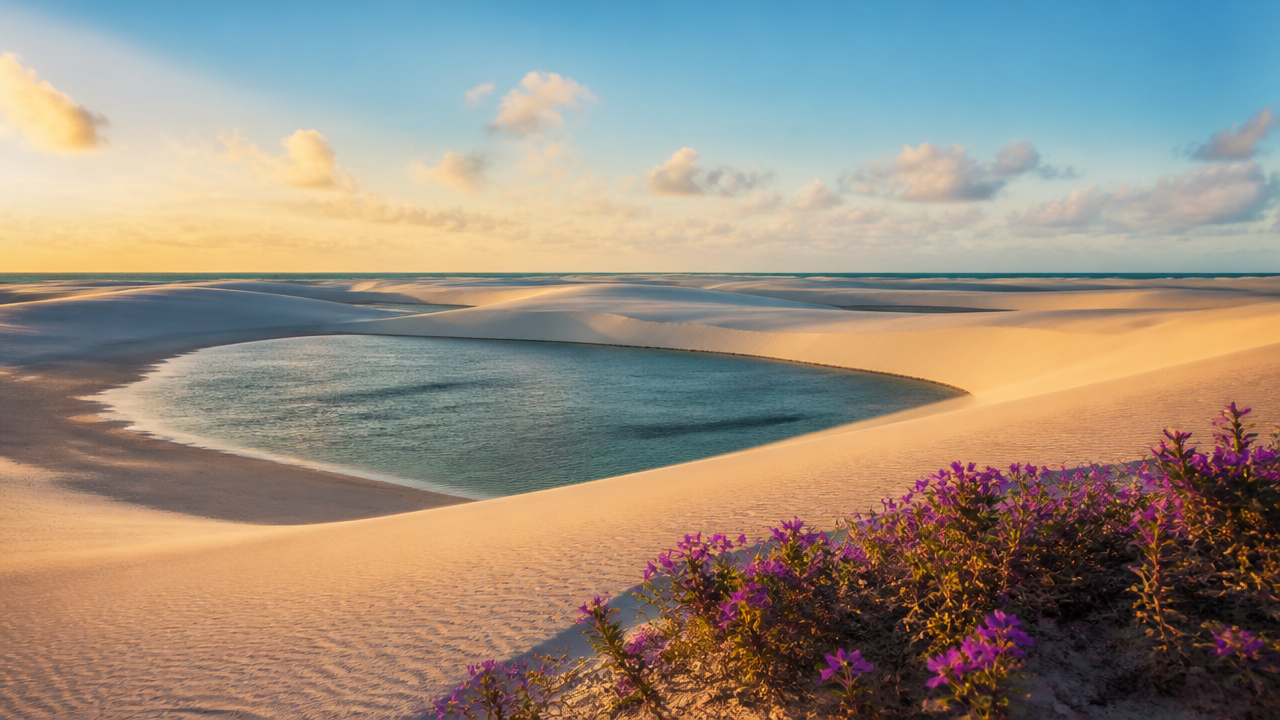 Dunas claras e lagoa azul nos Lençóis Maranhenses sob céu aberto