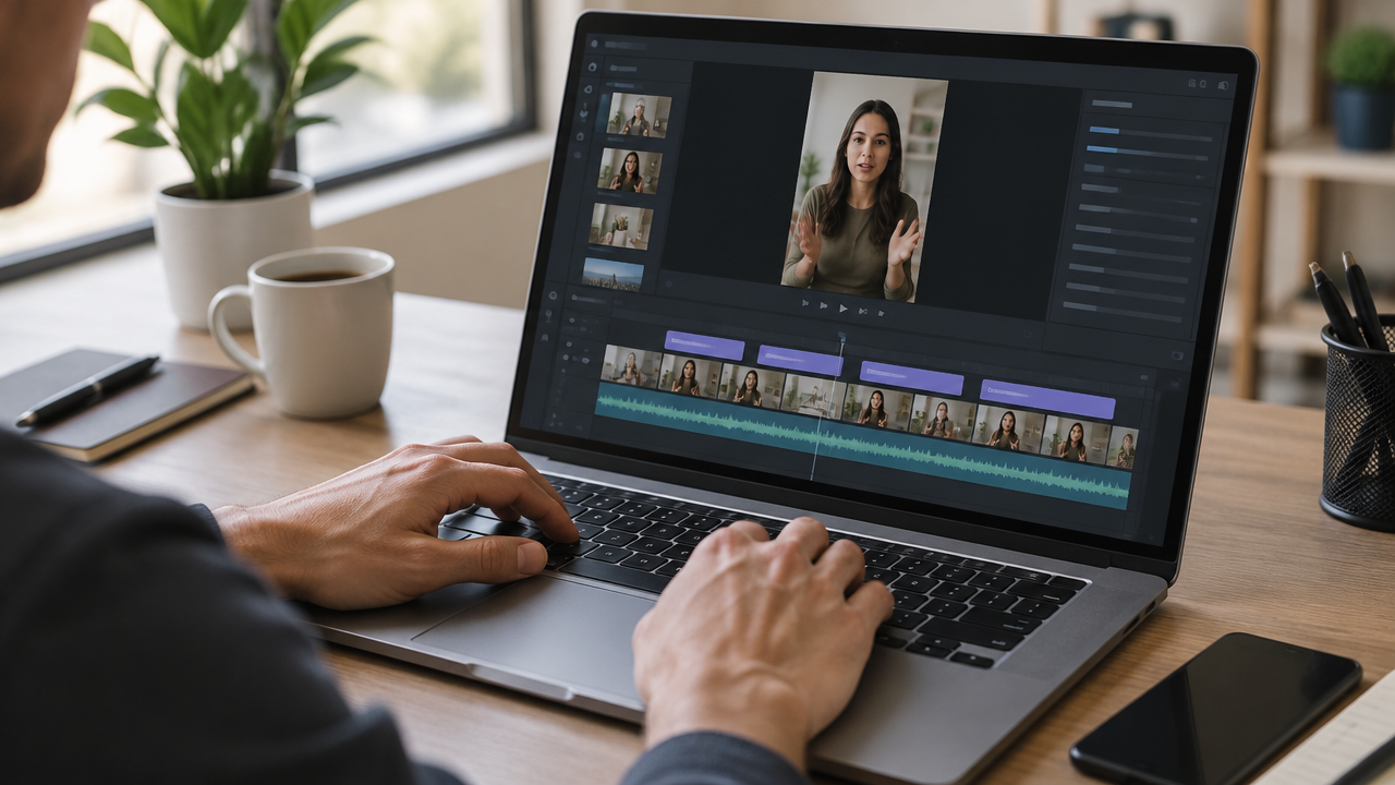 Video editor with transcription and synchronized subtitles on the timeline