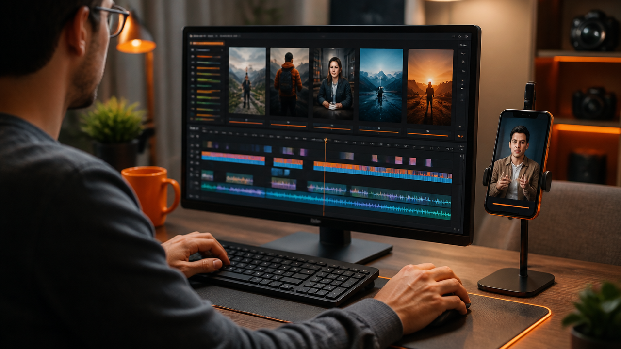 Editor customizing vertical cuts and subtitles at a video editing station
