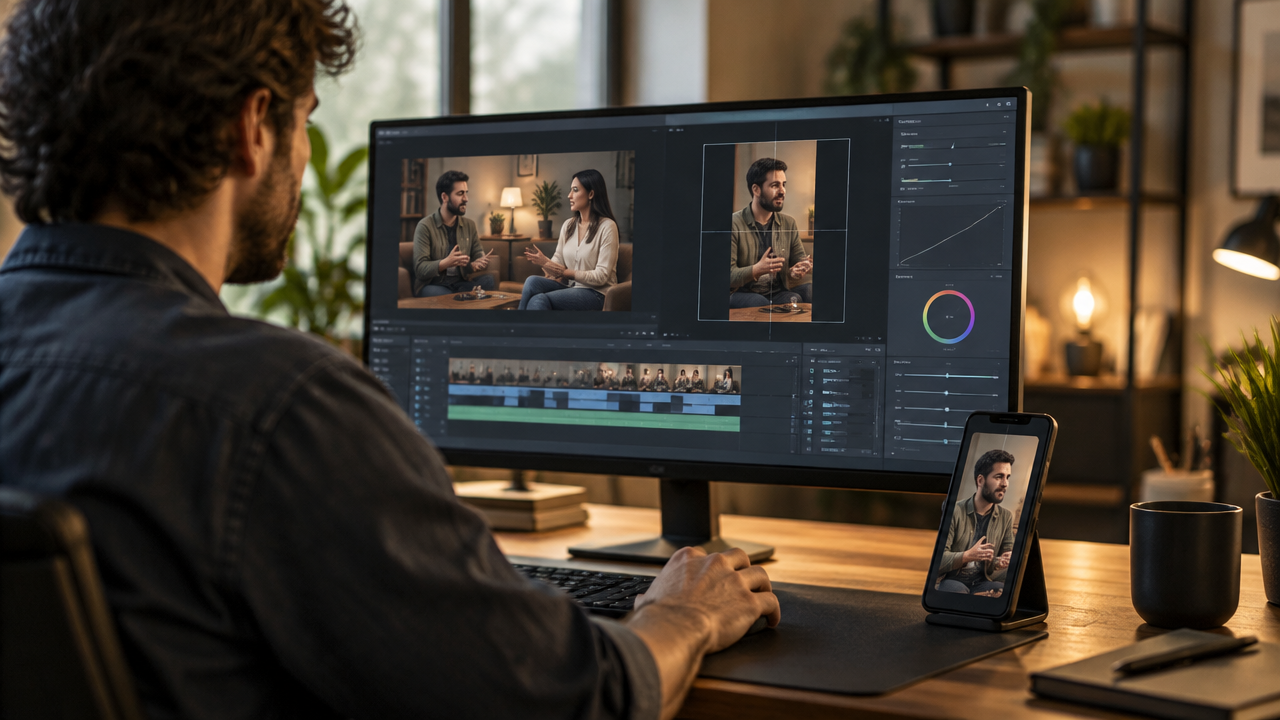 Editor reframing a horizontal interview into a vertical clip on a monitor and mobile phone