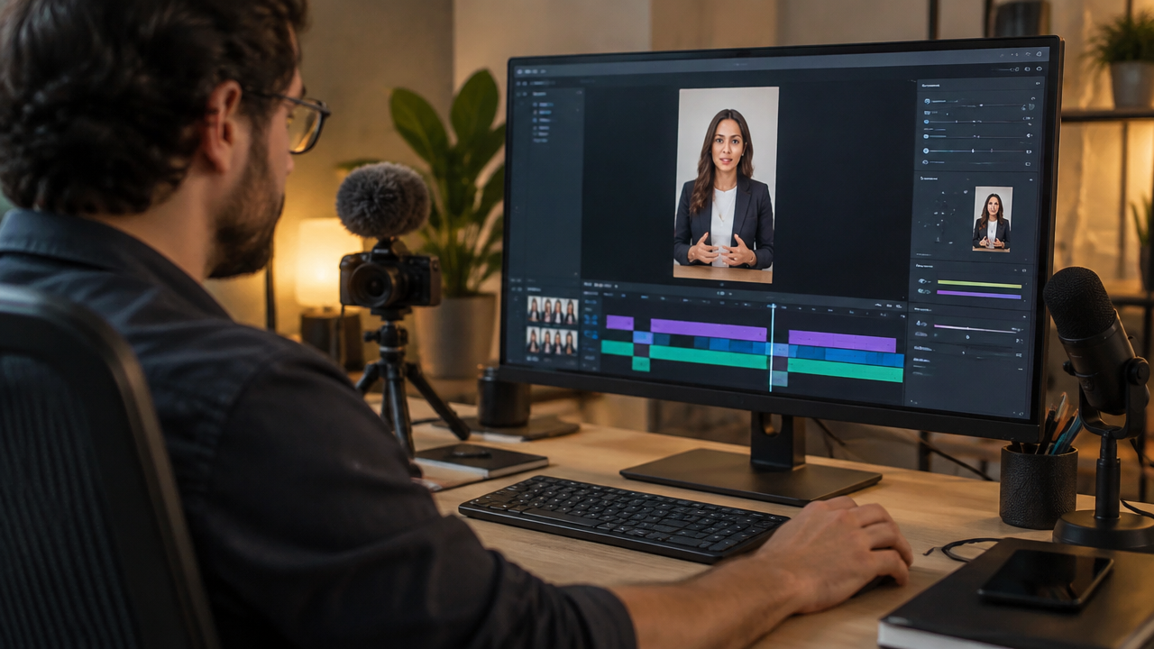 Editor reviews the vertical framing and captions of an institutional video