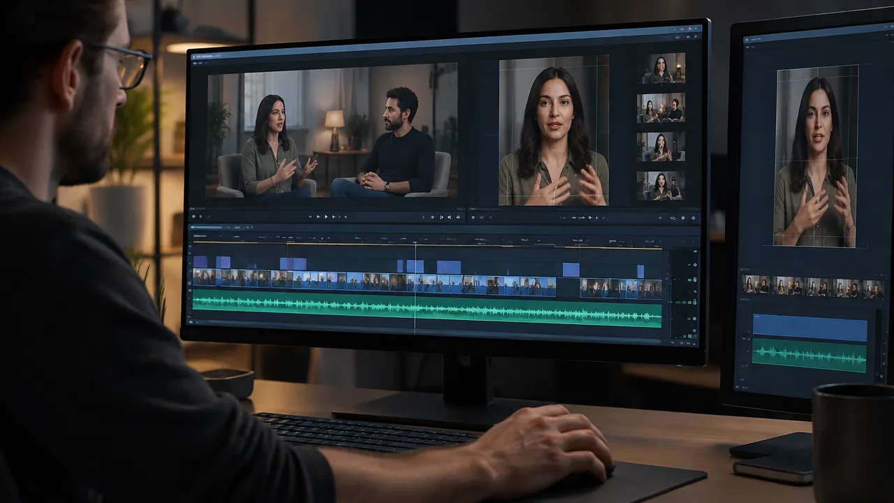 Editor analyzing an interview and marking the best segments on the timeline