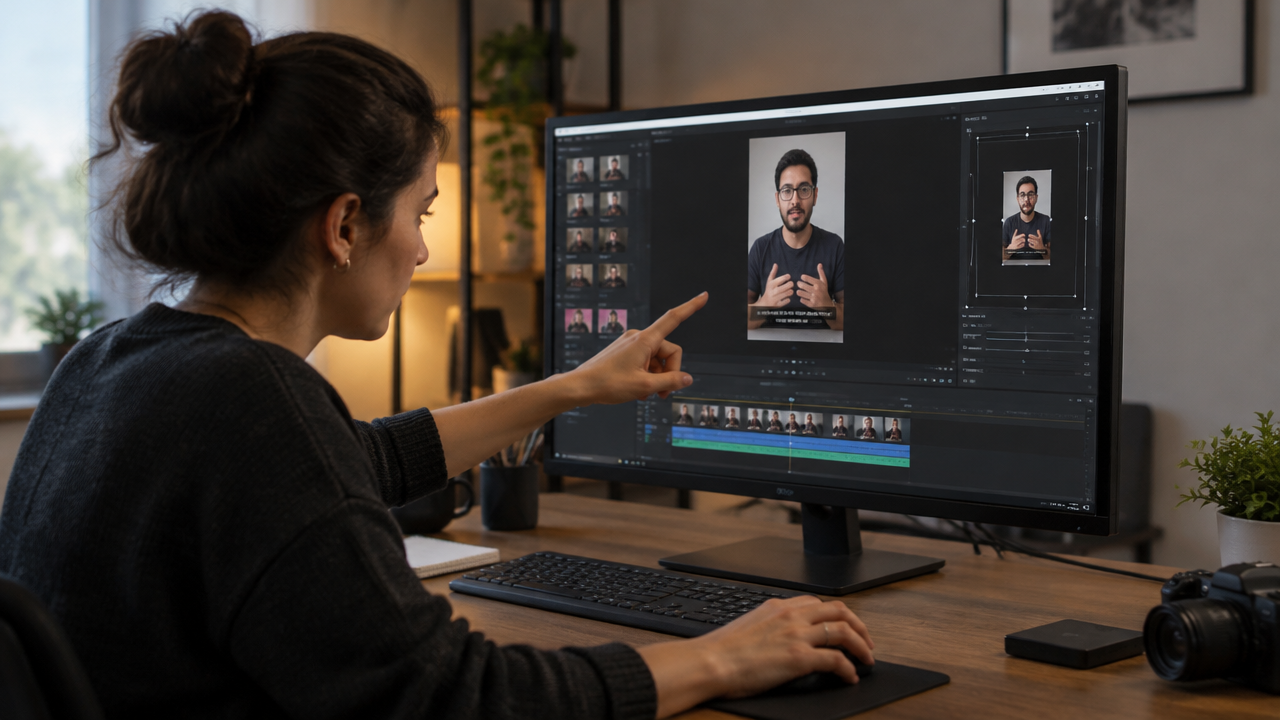 Editor reviews subtitles and framing of a vertical video before publication