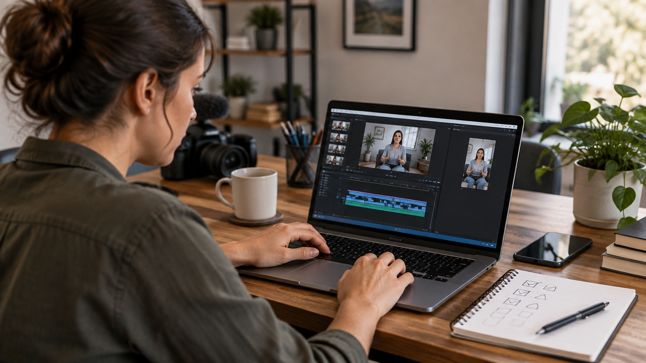 Editor reviews subtitles, framing, and vertical cuts in an interview recording