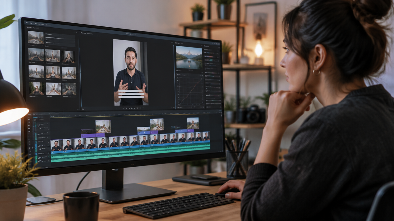 Editor reviewing a vertical video timeline with supporting scenes inserted over the main speech