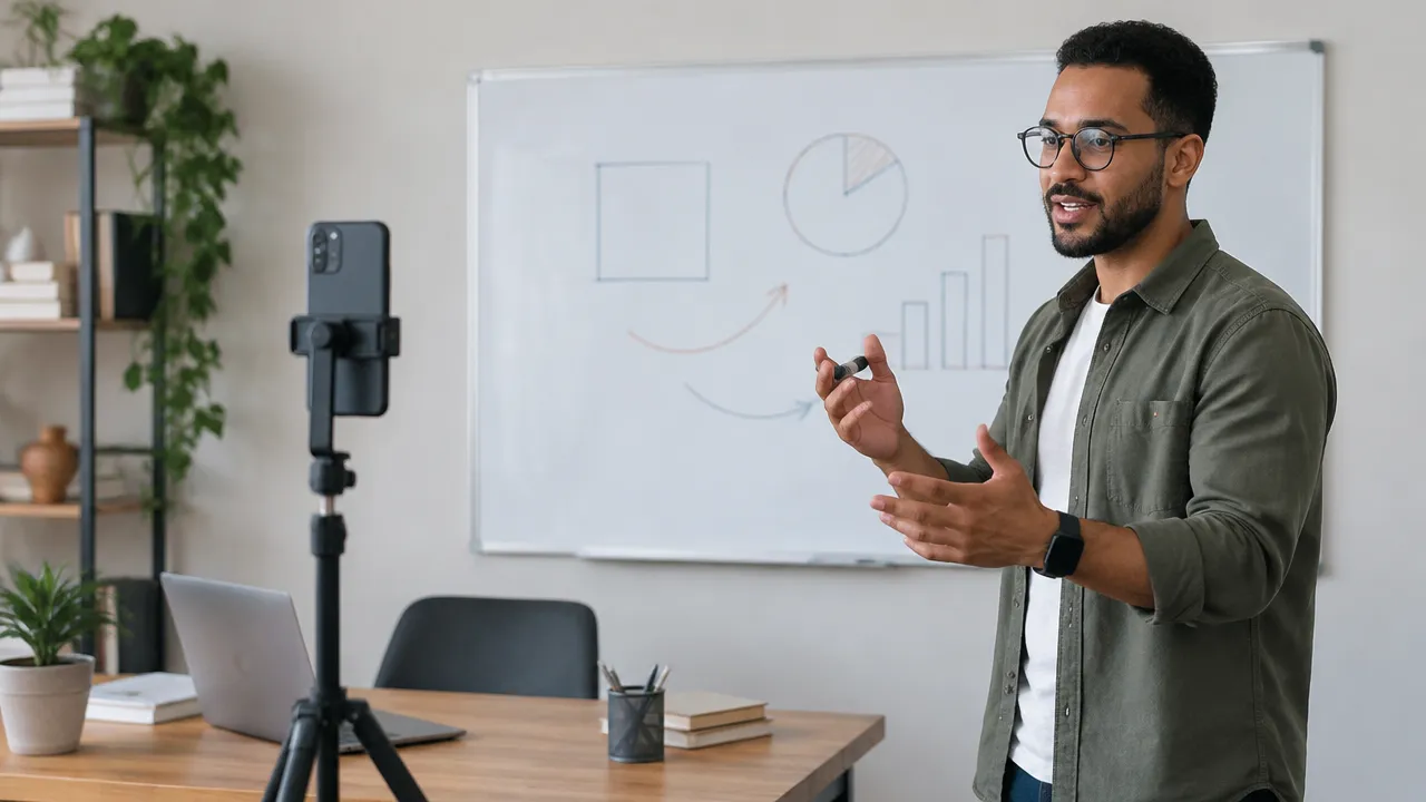 Educator records a short explanation in front of a vertical cell phone