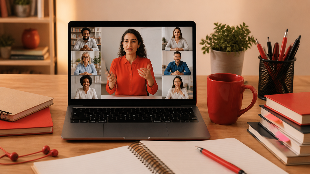 Educadora participando de formação online ao vivo sobre gestão educacional