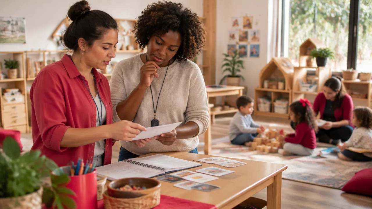 Educadoras planejam juntas práticas de cuidado enquanto crianças exploram materiais na sala.