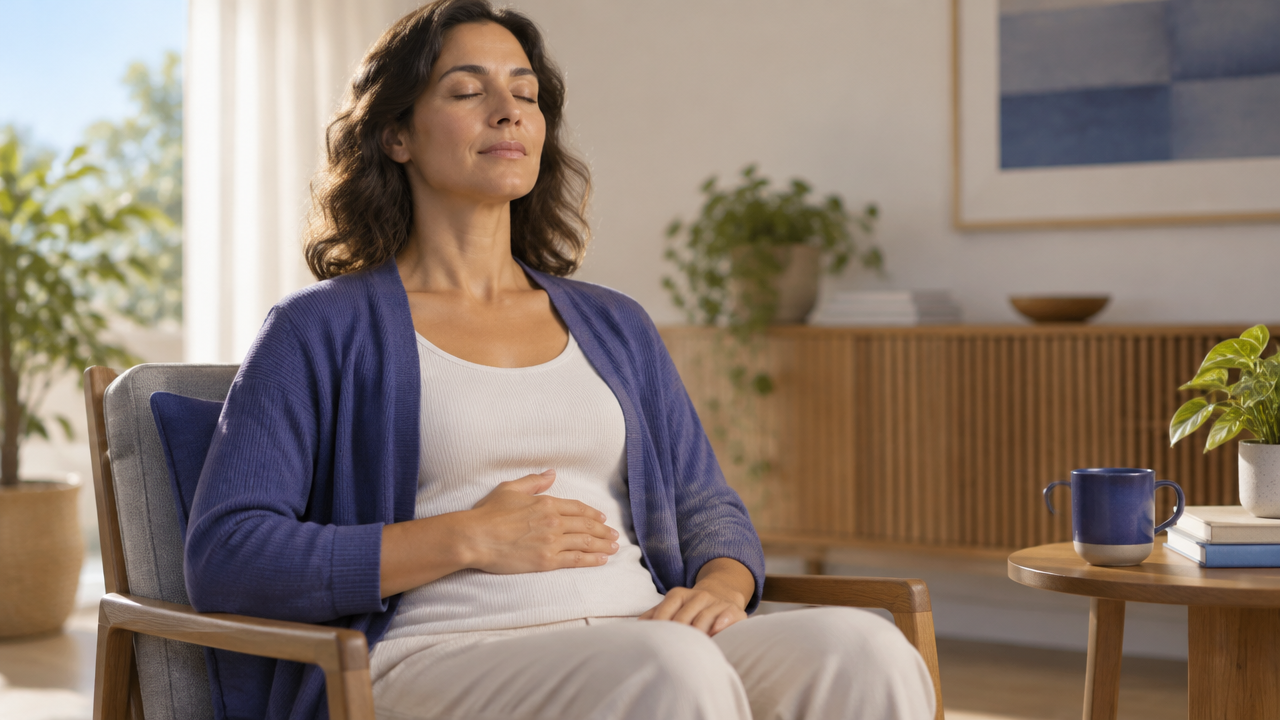 Ejercicio sentado de respiración suave con atención en la exhalación y las sensaciones corporales