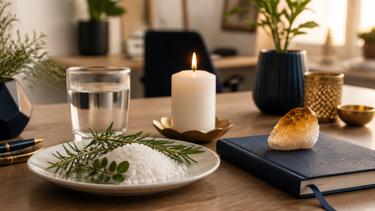 Elementos de preparação espiritual em mesa com sal, ervas, vela e cristal para ritual de prosperidade no trabalho