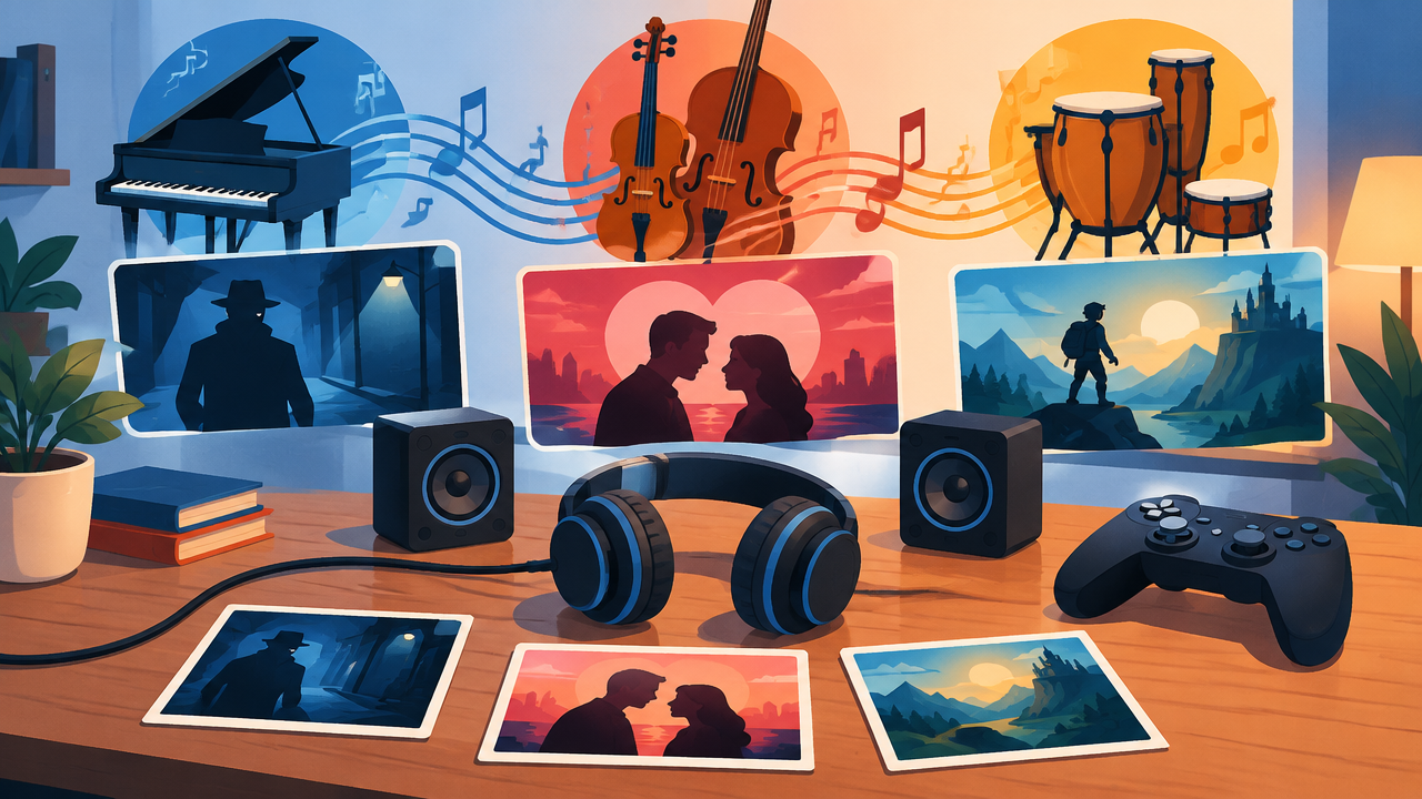 Elementos de uma sessão de escuta que conecta instrumentos a cenas de diferentes gêneros audiovisuais
