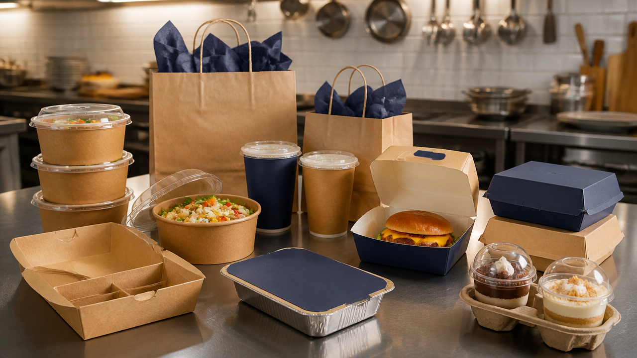 Embalagens variadas para delivery organizadas sobre bancada profissional de restaurante