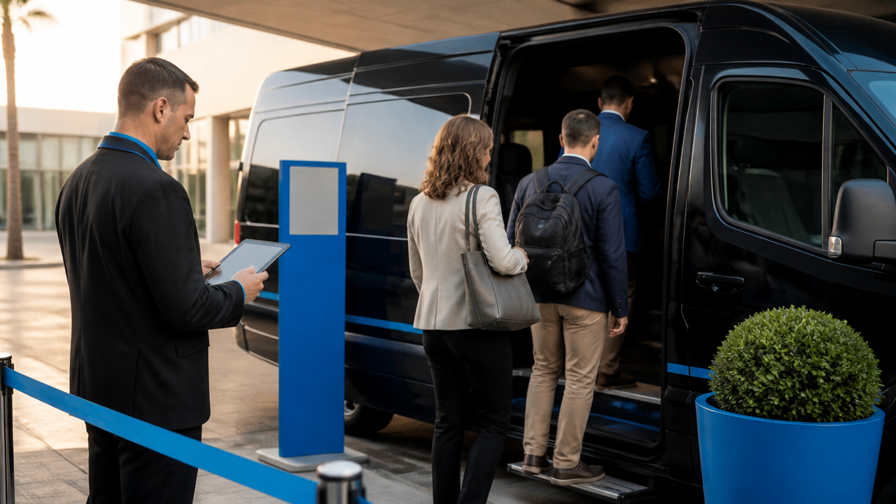 Embarque organizado de passageiros com conferência digital em veículo executivo